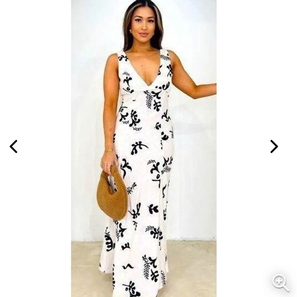 NWT PAPER HEART Linen Blend Black Leaf Print White Maxi Dress Size S for Summer